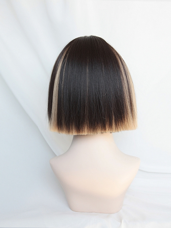 Evahair 2021 New Style Black and Golden Mixed Color Short Straight Synthetic Wig with Bangs