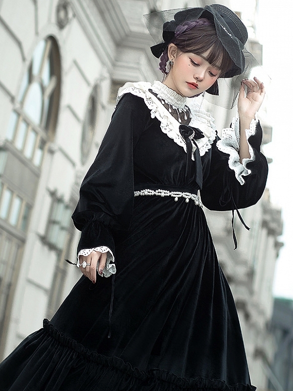 Evahair elegant long sleeve black lolita dress