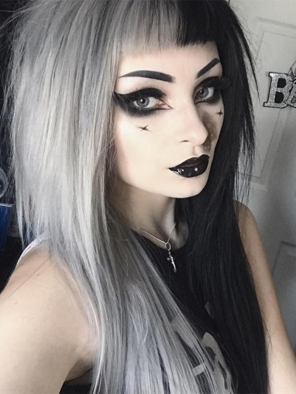 Half Black Half Grey Striaght Lace Front Wig With Full Bangs