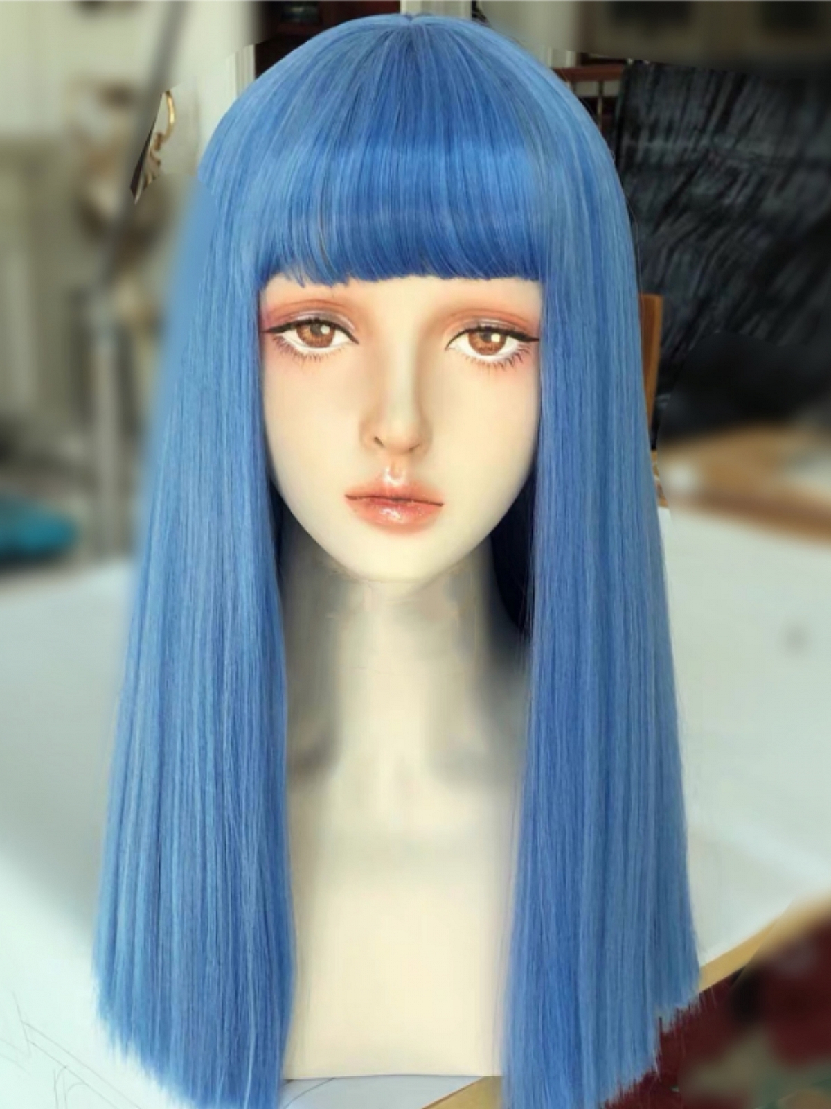Evahair 2021 New Style Ocean Blue Medium Straight Synthetic Wig with Bangs