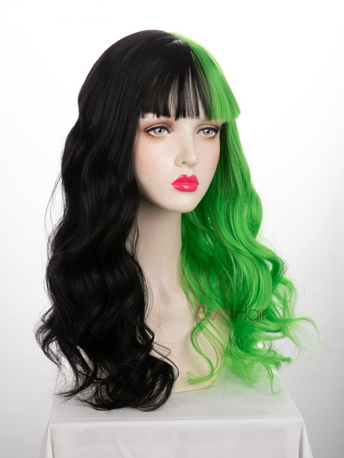 Evahair Half Black And Half Green Wefted Cap Wavy Synthetic Wig With Bangs Home Evahair