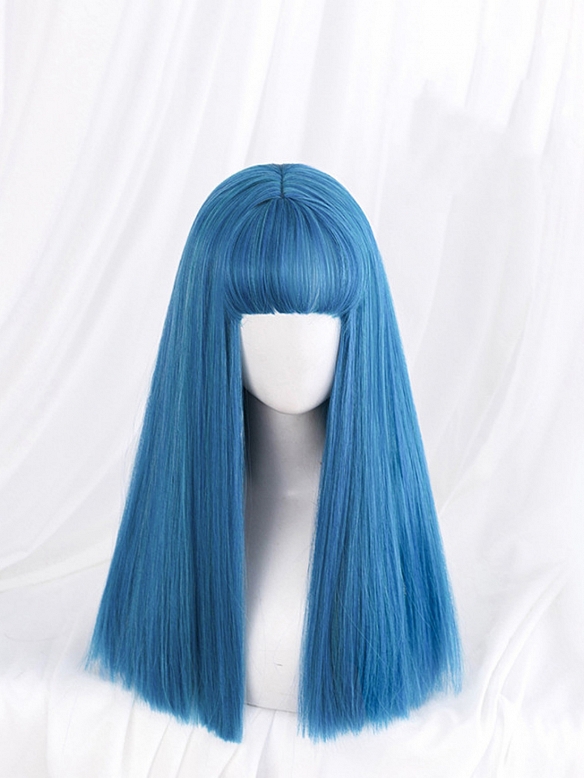 Evahair Lake Blue Long Straight Synthetic Wig with Bangs