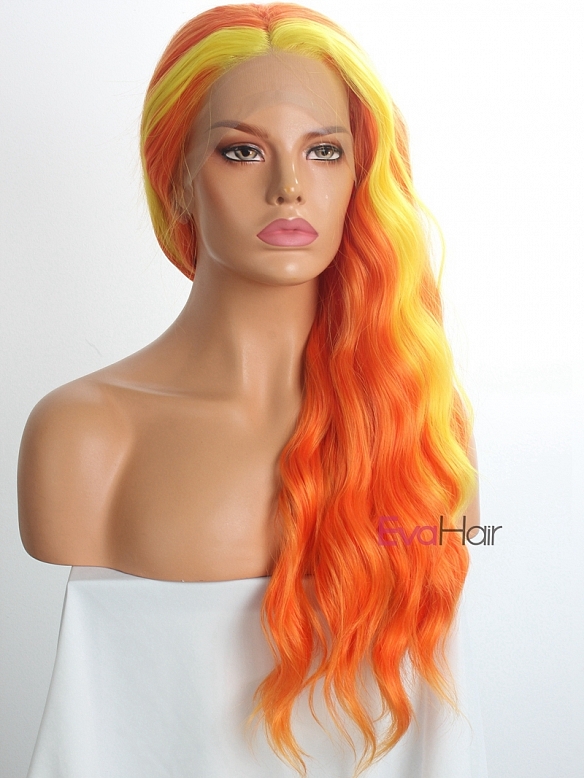 Evahair Orange and Fore Yellow Long Wavy Synthetic Lace Front Wig