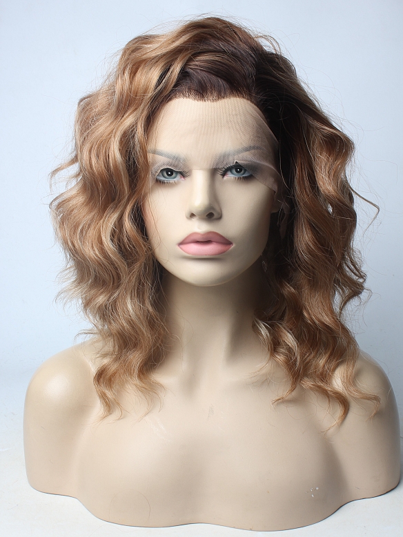 Ash Brown Mix Color Wavy Bob Synthetic Lace Front Wig
