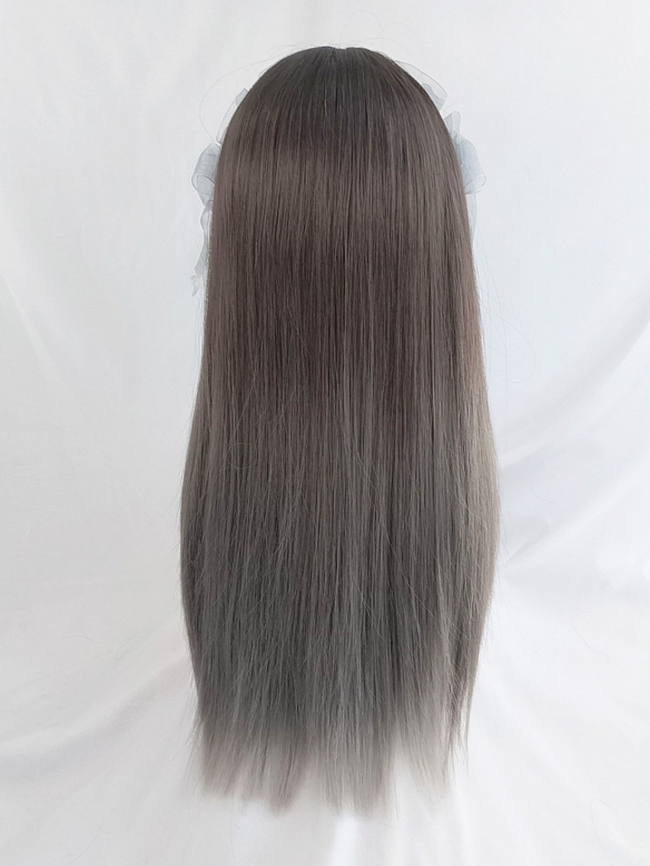 Evahair Dark Brown to Grey Ombre Long Straight Synthetic Wig with Bangs