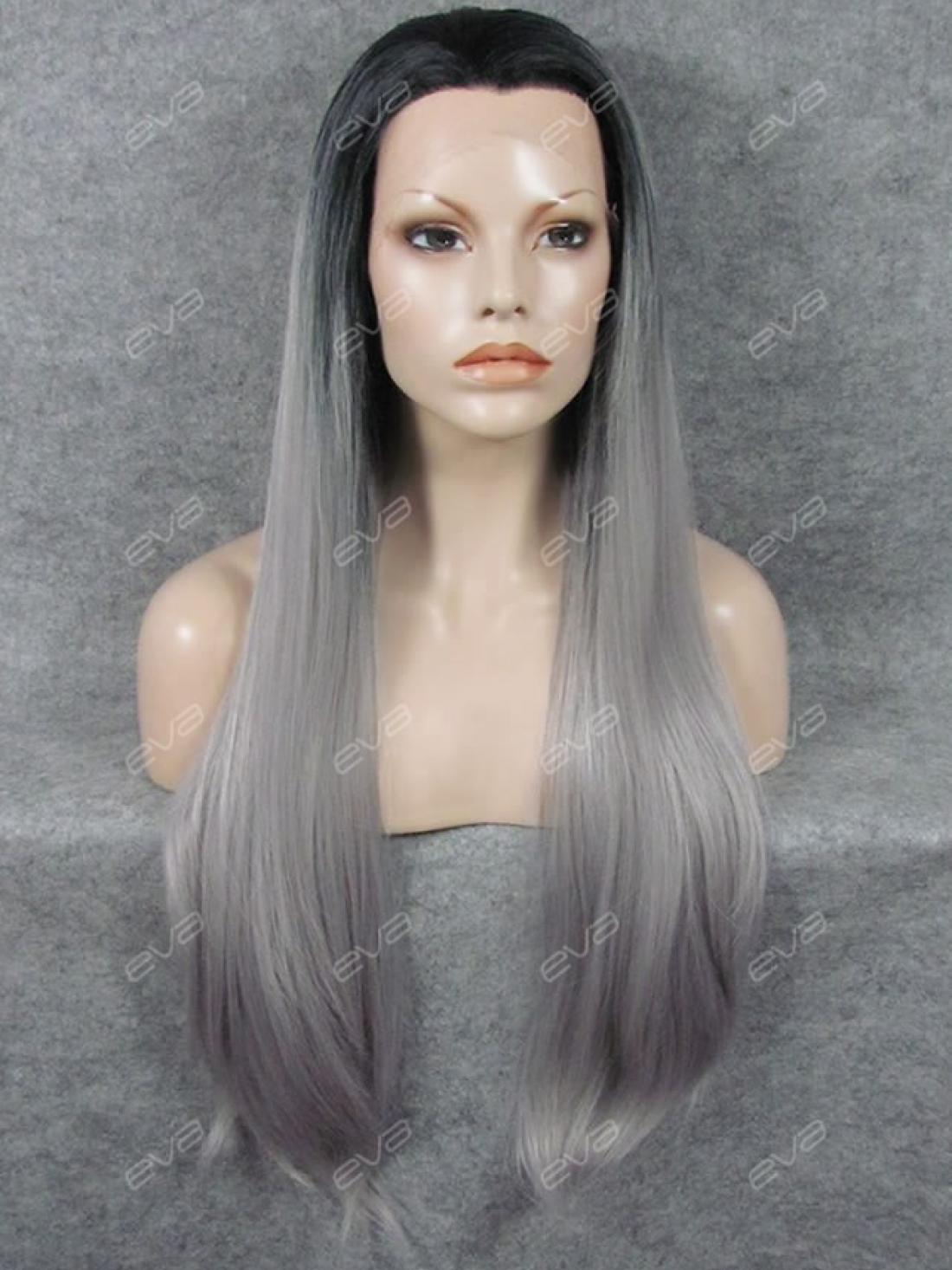 New Dark Grey T-color Super Long Straight Synthetic Lace ...