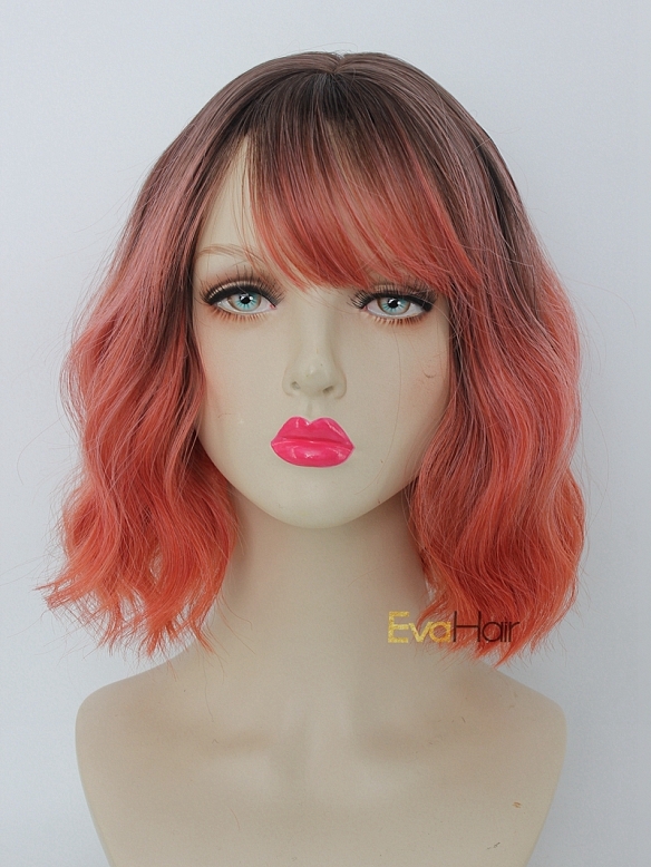 Pinky Orange Wavy Bob Synthetic Wig with Wispy Fringes
