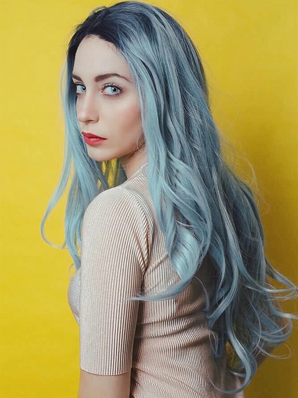Pastel Blue Color with Black Root Long Straight Synthetic Lace Front Wig 