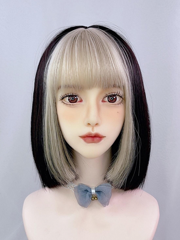Evahair 2021 Special Offer Black and Blonde Mixed Color Short Straight Synthetic Wig with Bangs