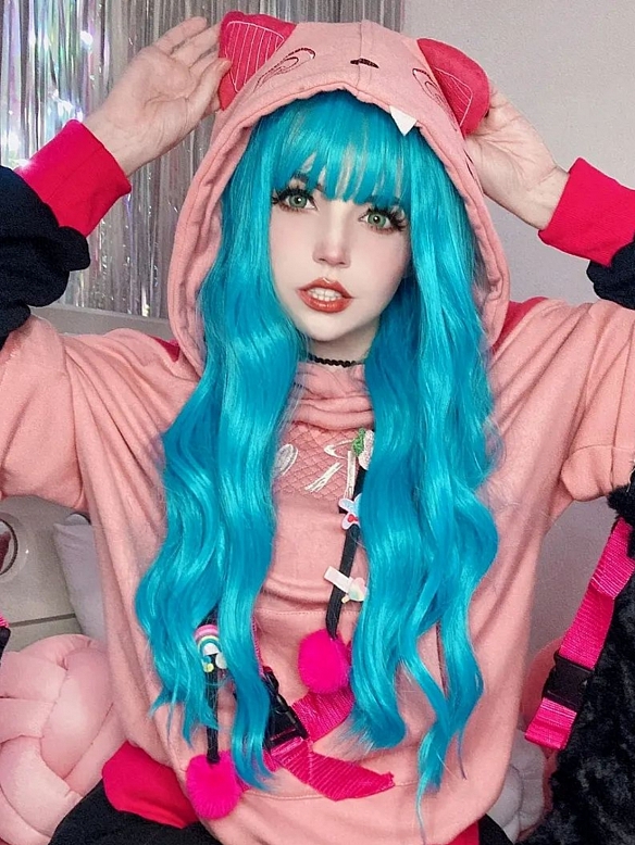 Evahair 2021 New Style Blue Sky Color Long Wavy Synthetic Wig with Bangs