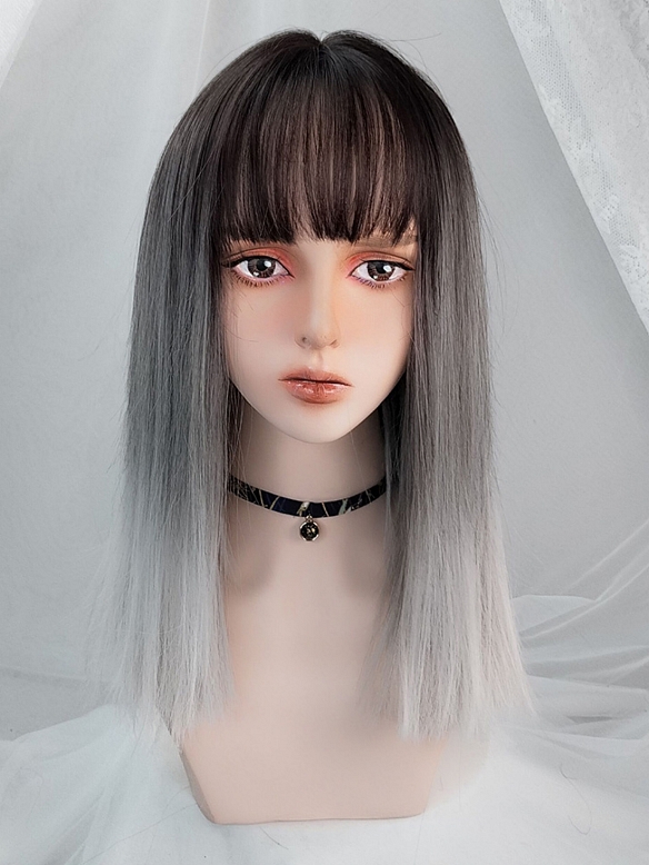 Evahair Black to Grey Ombre Medium Length Straight Synthetic Wig with Bangs
