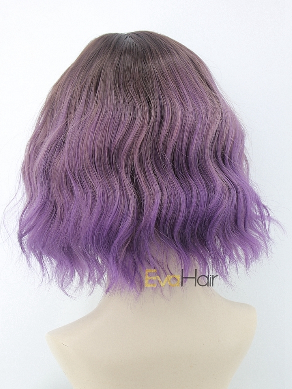 Rouge Mix Purple Wavy Bob Synthetic Capless Wigs with Wispy Bangs