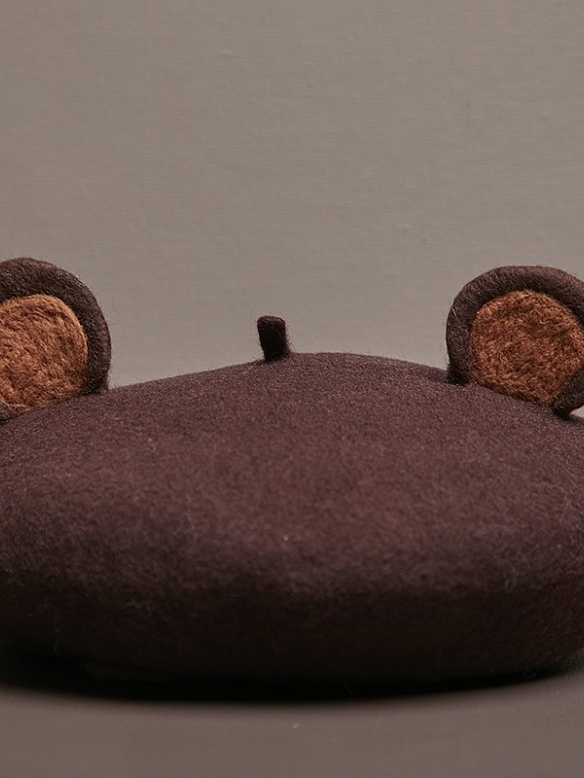 Cute Little Brown-Bear-Ears Woollen Beret Hat
