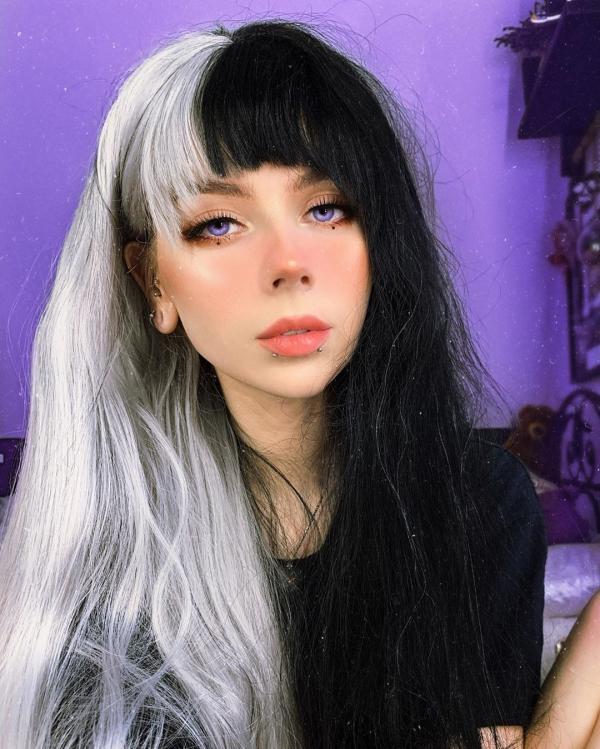 Half Black Half Grey Striaght Lace Front Wig With Full Bangs Home Evahair