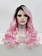 Evahair Pink Long Wavy Synthetic Lace Front Wig With Black Root