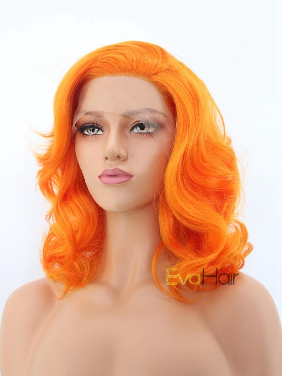 Bright Orange Synthetic Medium Length Lace Front Wig - All ...