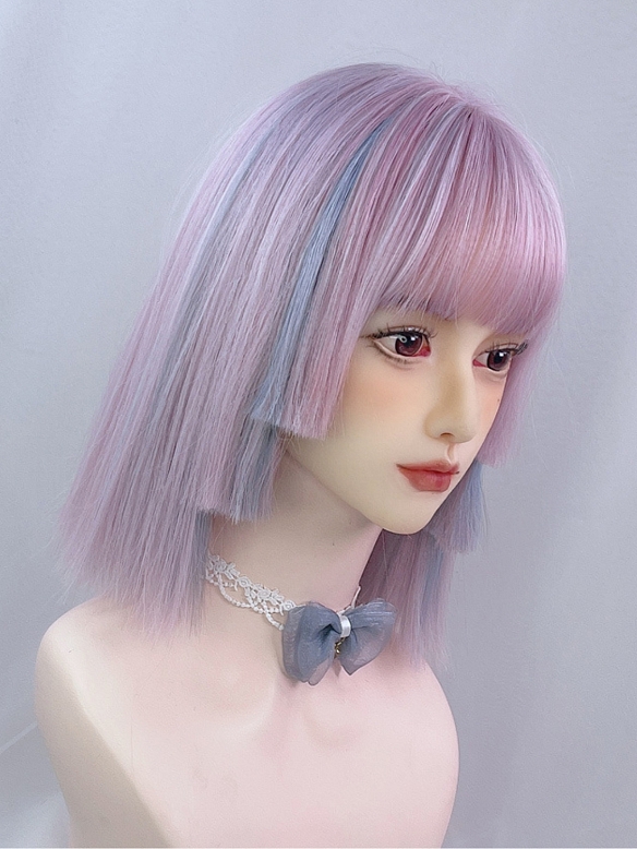 Evahair 2021 New Style Purple and Blue Mixed Color Short Straight Synthetic Wig with Bangs and Layered Hime Cut
