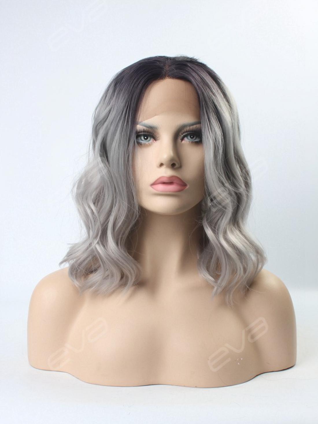 EvaHair Grey Ombre Wavy Medium Length Synthetic Lace Front ...