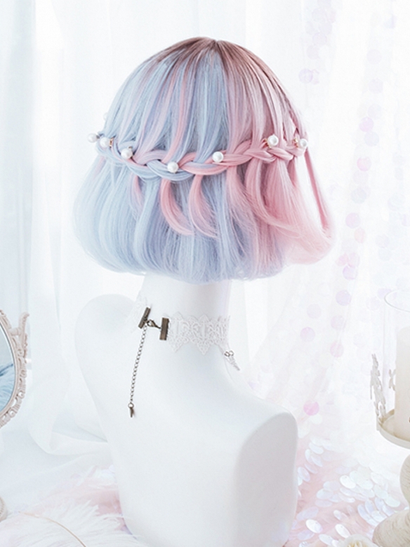 Evahair 2021 New Style Half Blue and Half Pink Short Bob Straight Synthetic Lolita Wig with Bangs