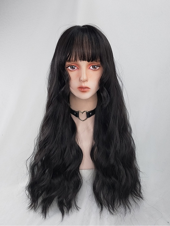 Evahair Black Long Natural Wavy Synthetic Wig with Bangs