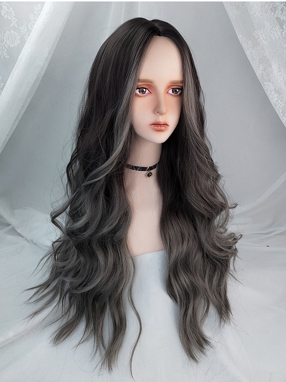 Evahair Grey Ombre Long Wavy Synthetic Wig with Bangs