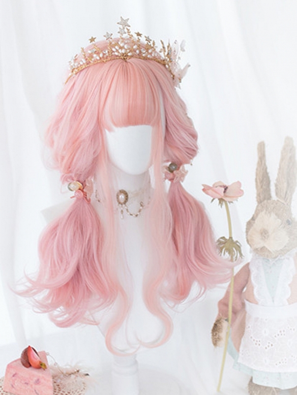 Evahair 2021 New Style Cherry Blossom Pink Long Wavy Synthetic Wig with Bangs