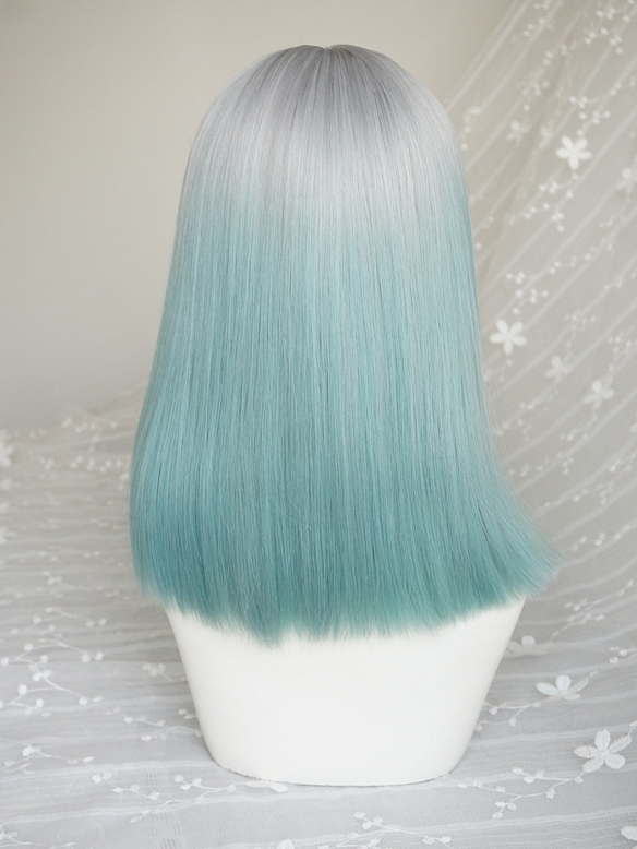 Evahair Silver to Bluish-Green Ombre Medium Straight Synthetic Wig with Bangs