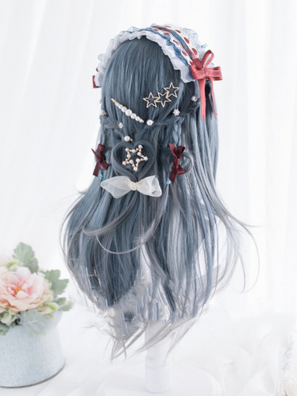 Evahair Grey and Blue Mixed Color Long Straight Synthetic Wig with Bangs