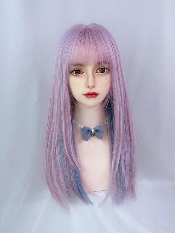 Evahair 2021 New Style Purple and Blue Mixed Color Long Straight Synthetic Wig with Bangs