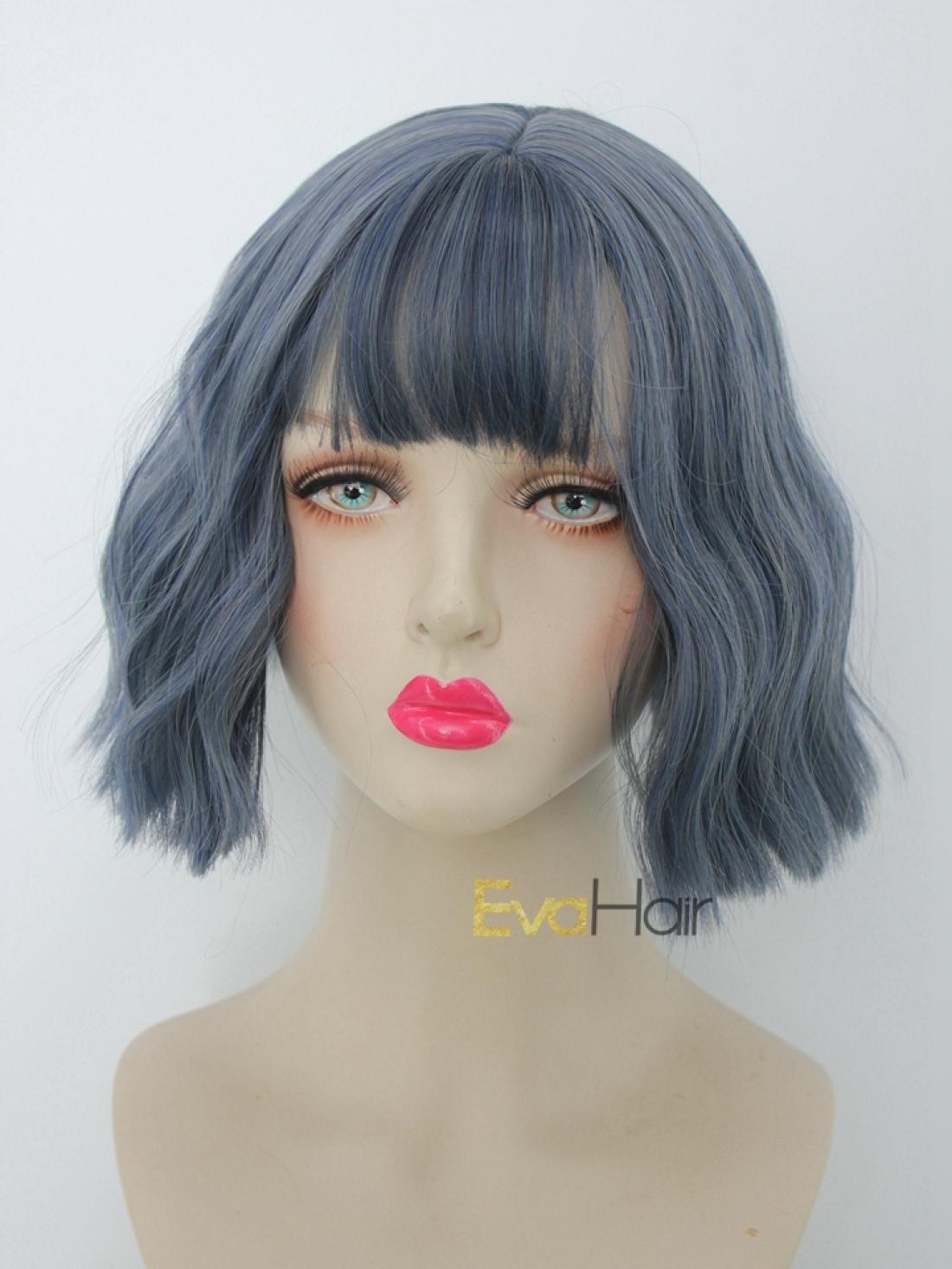 Lavender Mix Grey Wavy Bob Synthetic Wig With Wispy Fringes