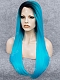 Electrical Blue Long Sleek Straight Synthetic Lace Front Wig with Dark Root