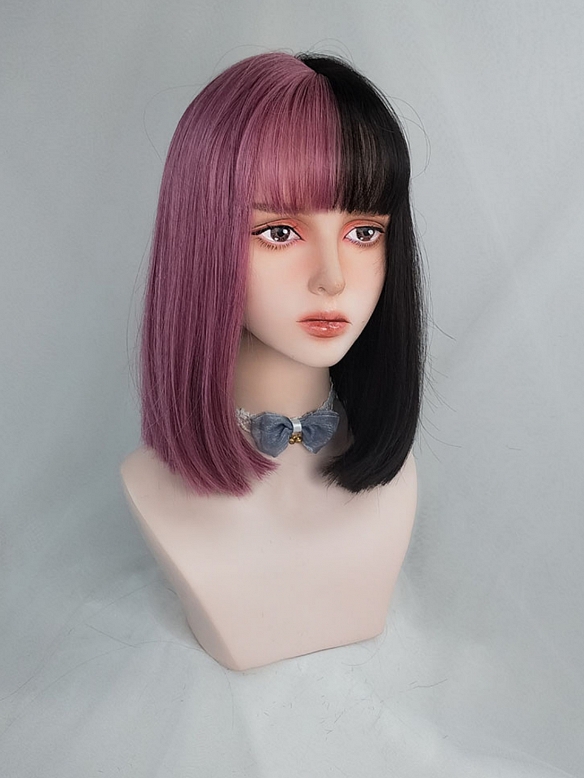 Evahair Half Black and Half Pinkish-Purple Medium Straight Synthetic Wig with Bangs.