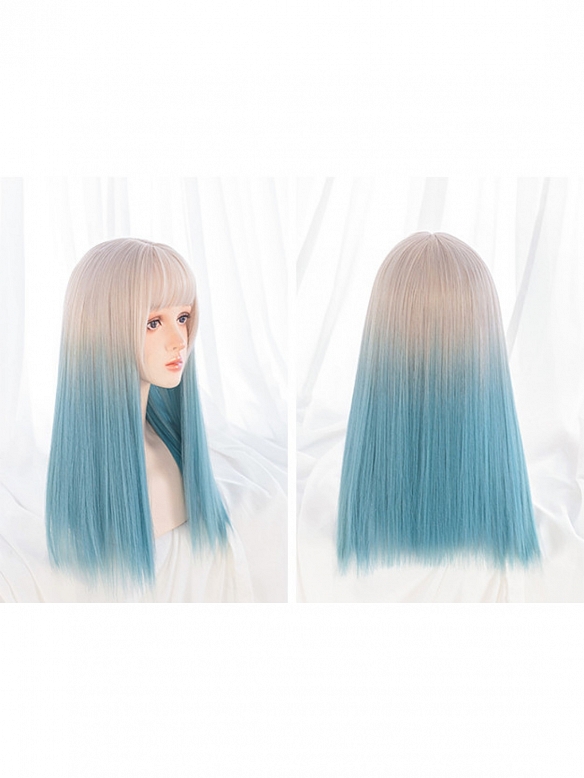 Evahair Beige to Bluish-Green Ombre Long Straight Synthetic Wig with Bangs