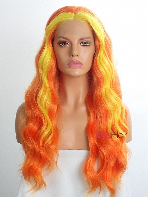 Evahair Orange and Fore Yellow Long Wavy Synthetic Lace Front Wig