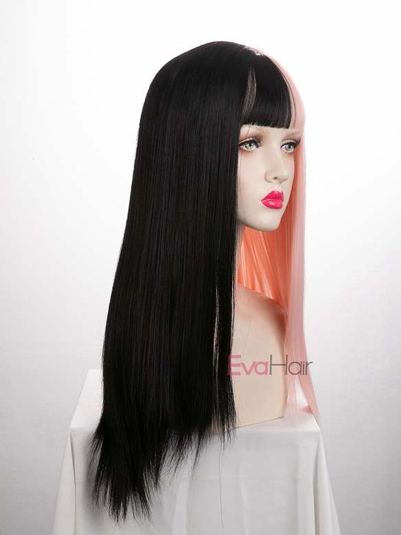 Evahair Half Black and Half Pink Wefted Cap Long Straight Synthetic Wig with Bangs