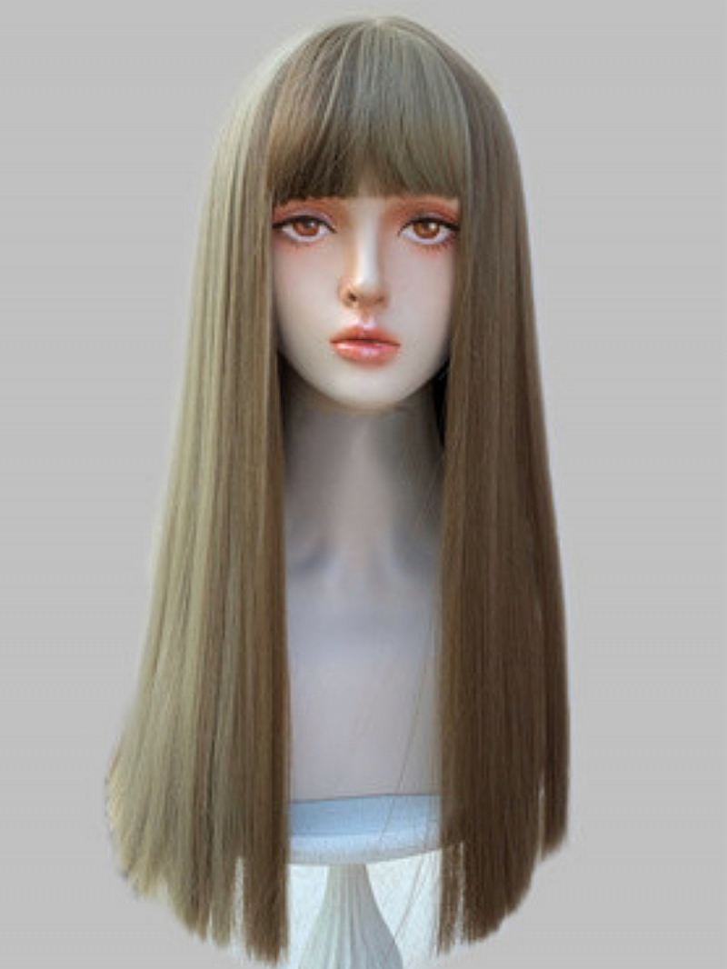Long Brown Synthetic Wig With Peaked Cap