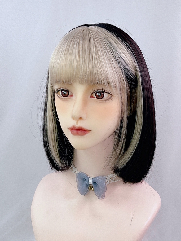 Evahair 2021 Special Offer Black and Blonde Mixed Color Short Straight Synthetic Wig with Bangs