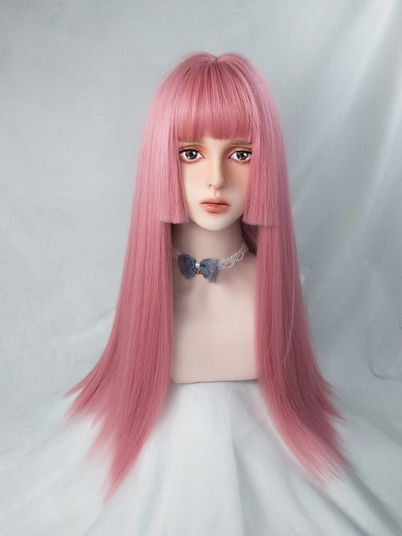 Evahair Cute Pink Long Straight Synthetic Wig with Bangs