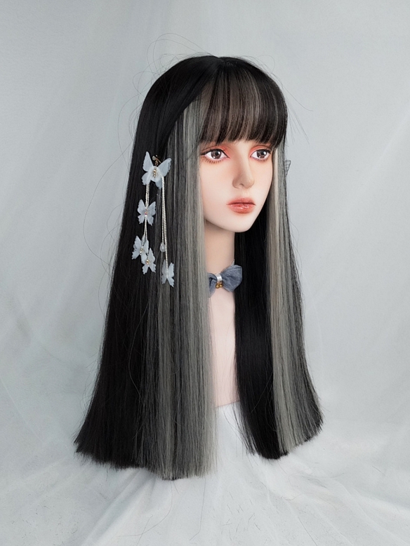 Evahair Black and Grey Mixed Color Long Straight Synthetic Wig with Bangs
