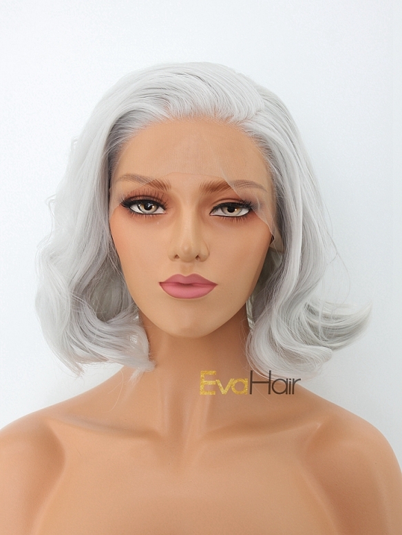 Silver Short Wavy Chin Length Synthetic Lace Front Wig