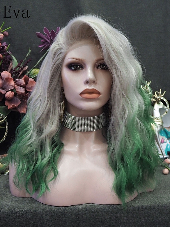 Evahair Grey to Green Medium Length Wavy Synthetic Lace Front wig