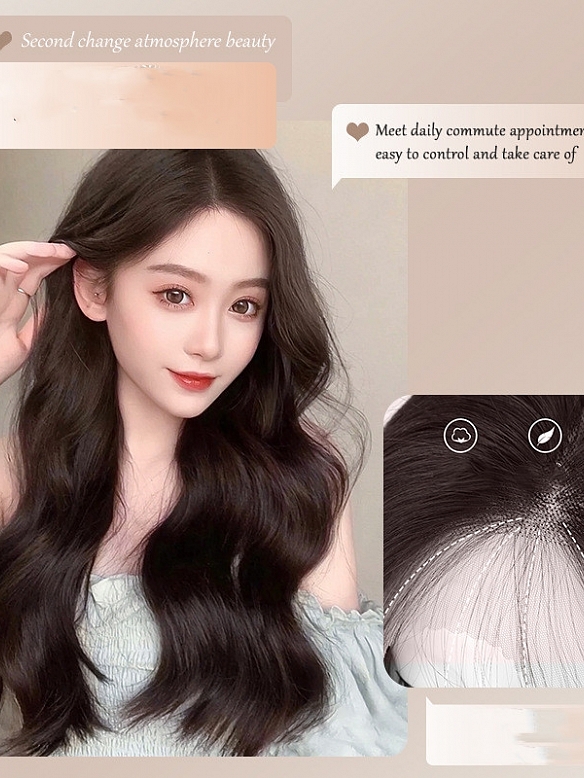 Black-brown Korean-style wavy lace front, middle part without bangs long curly wig