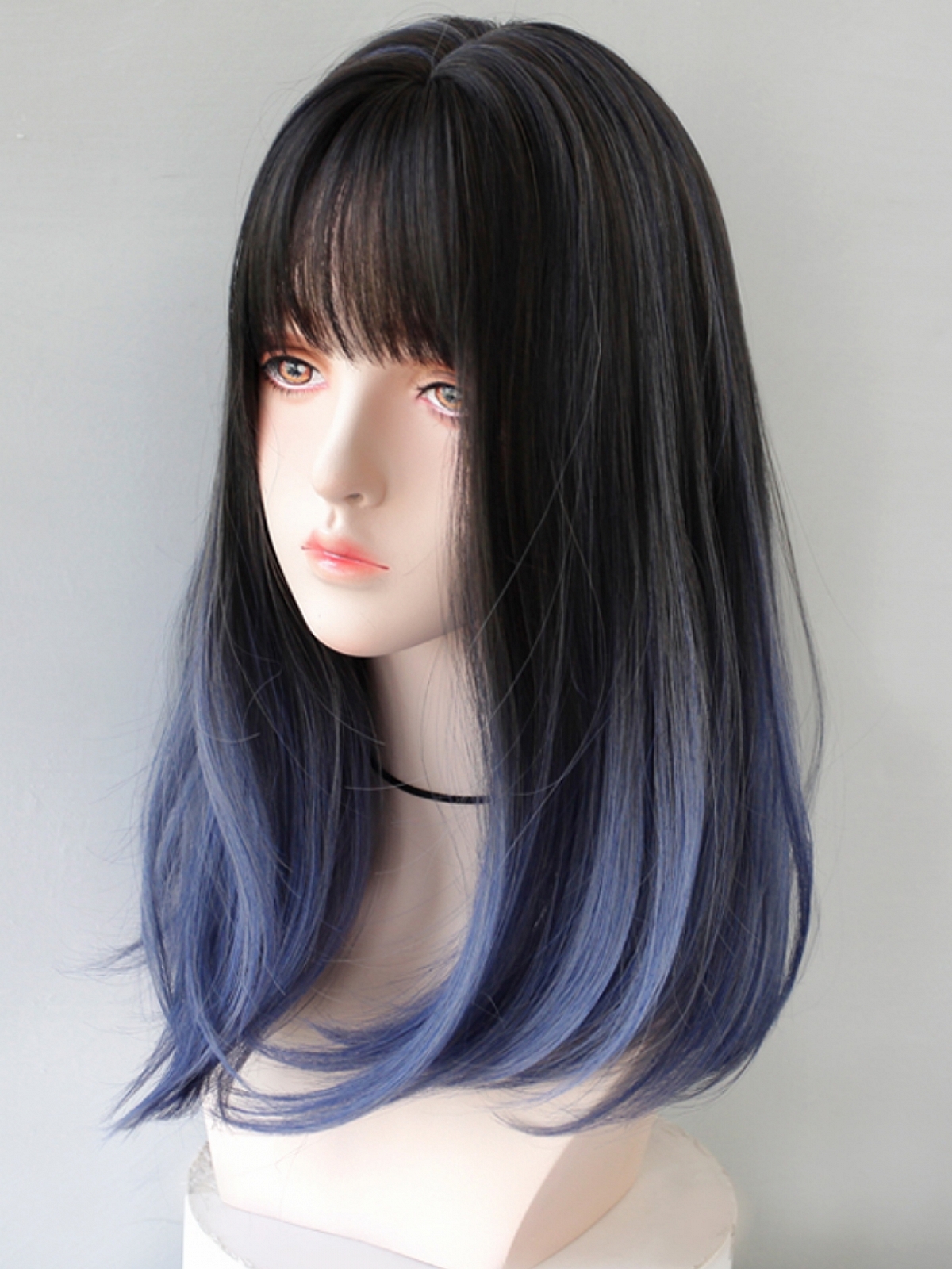 Evahair 2021 New Style Black and Blue Medium Straight Synthetic Wig with Bangs