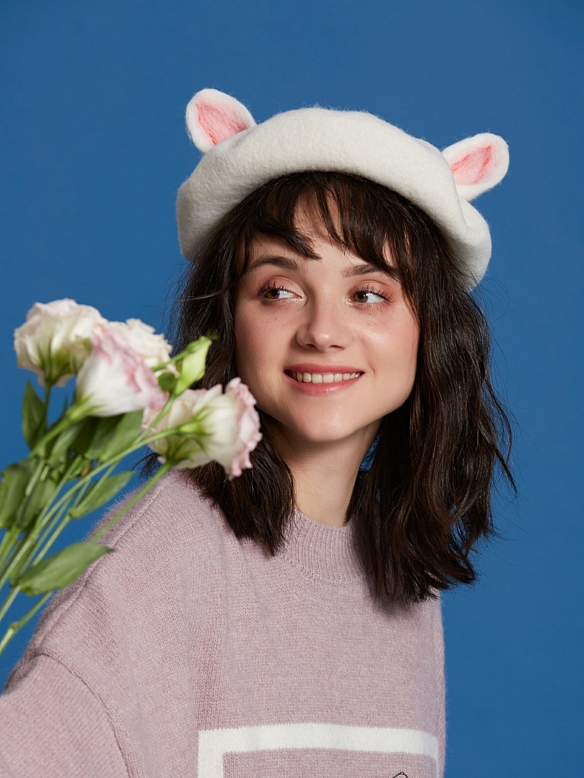 Cute White-Cat-Ears Mori Beret Hat