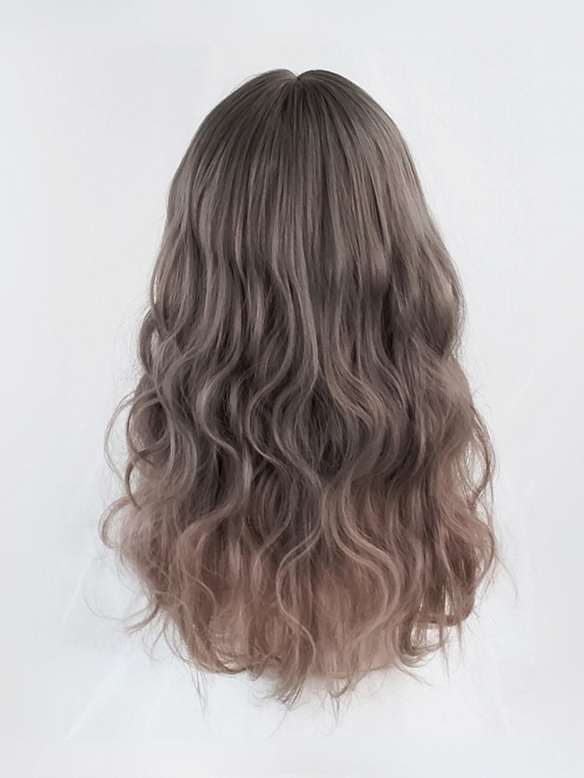 Evahair 2021 New Style Grayish Pink Long Wavy Synthetic Wig with Bangs