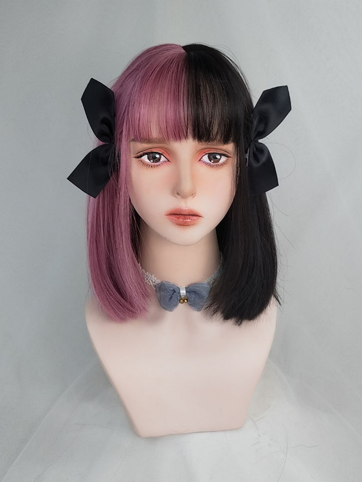 Evahair Half Black and Half Pinkish-Purple Medium Straight Synthetic Wig with Bangs.