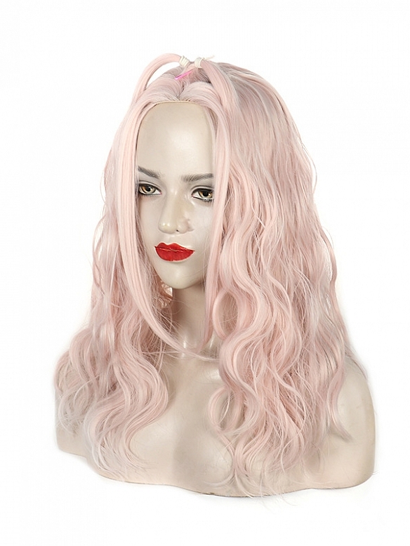 Fashion Lolita Pink centre parting long curly comic style wig