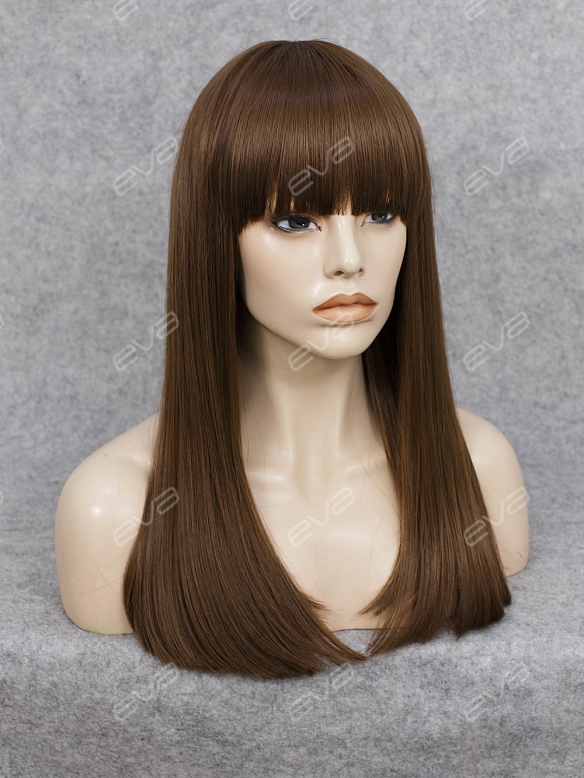 Beautiful Wefted Cap Dark Brown Long Straight Synthetic Wig with Bangs