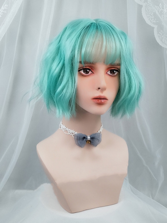 Evahair Cute Teal Green Bob Wavy Synthetic Wig with Bangs