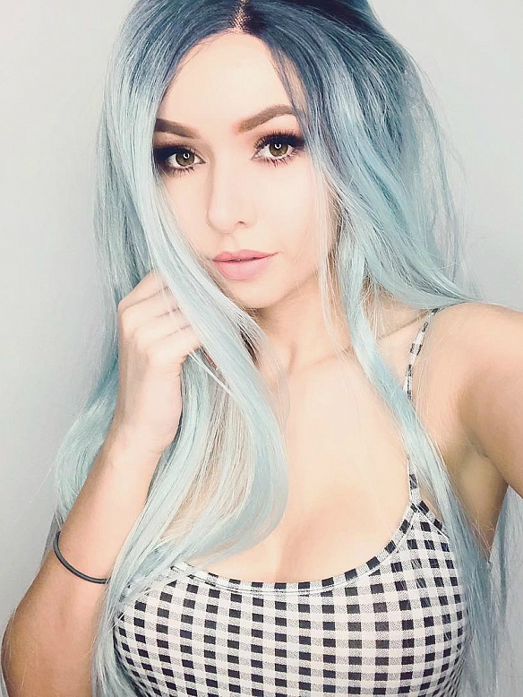 Pastel Blue Color with Black Root Long Straight Synthetic Lace Front Wig 